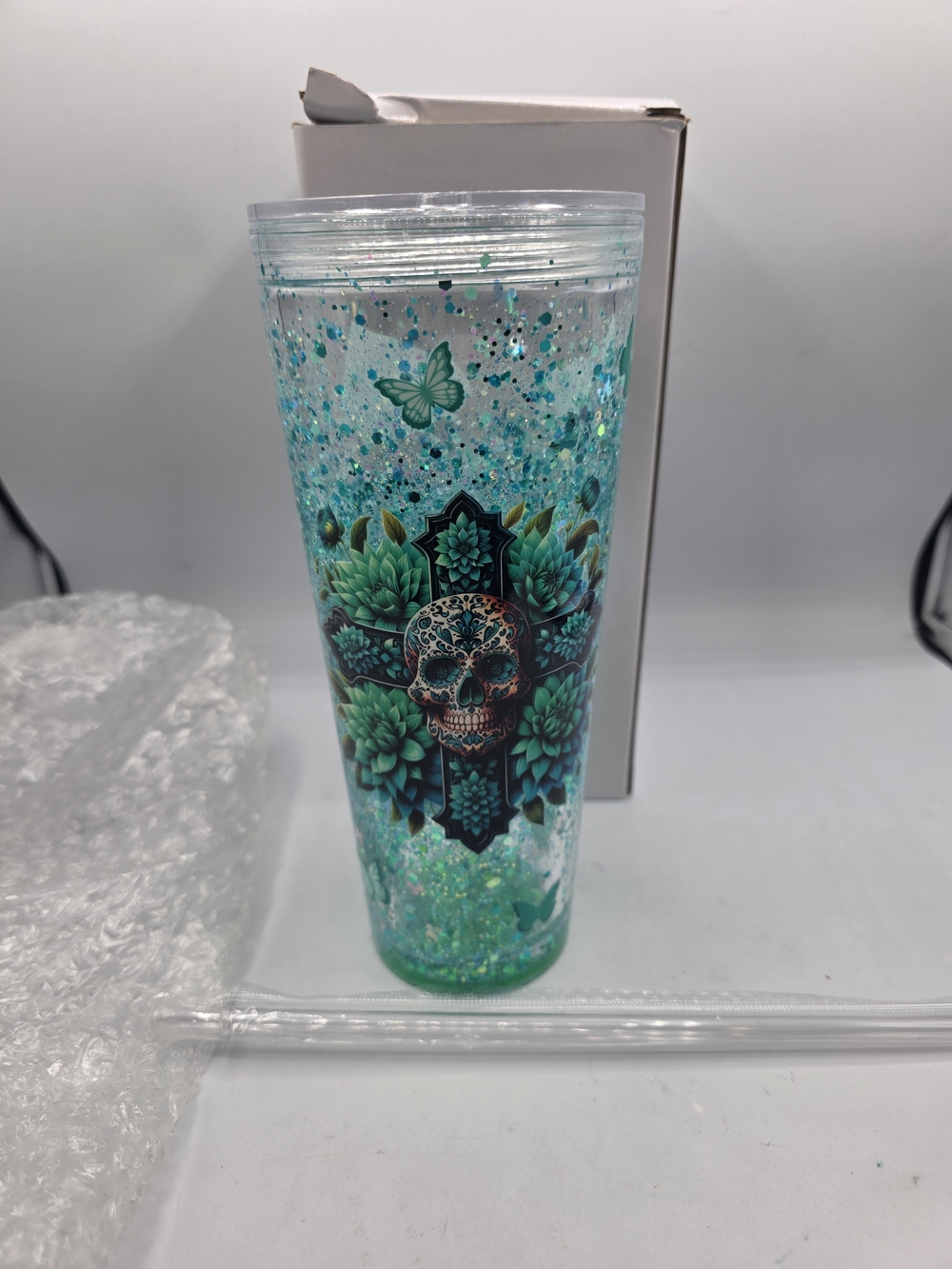 Snow Globe Double Wall Glitter Teal Skull Travel Tumbler With Straw